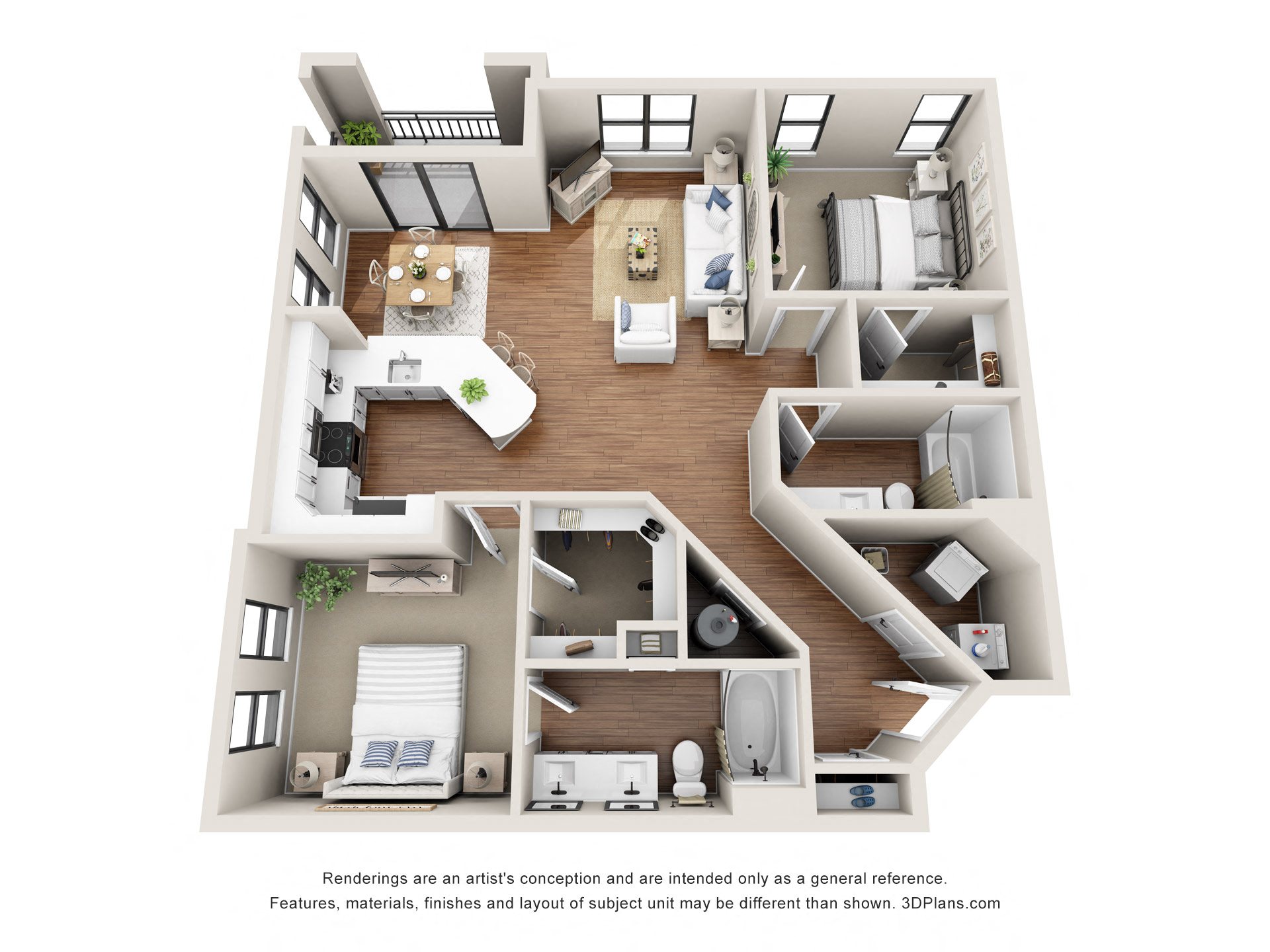 Floor plan for 2 beds, 2 baths, 1262 sqft